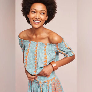 FEATHERBONE by ANTHROPOLOGIE Demetria Off the Shoulder Top in Orange Motif